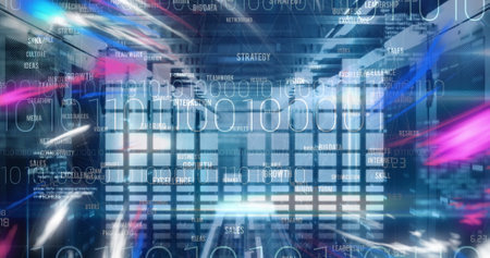 Image of data processing over server room. Global business finances and digital interface concept...