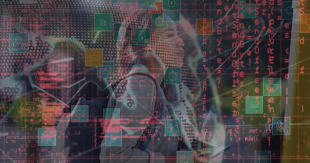 Image of financial data processing over business people using phone headsets. Global digital...