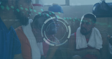 Image of scope and data processing over diverse football players in changing room. Sports, competition and data processing concept digitally generated image.の写真素材