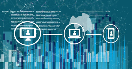 Image of connected media icons over data processing and graphs on interface. Global communication,...