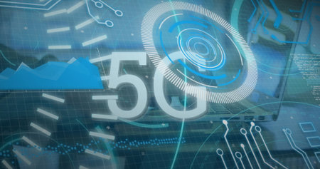 Image of 5g text banner and round scanners over mid section of person using laptop. Global...