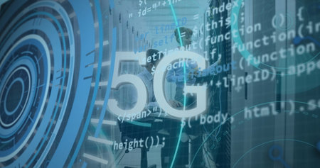 Image of 5g text banner against caucasian male and female engineers working at server room. Global...