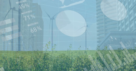 Displaying three white wind turbines rising above grassy field with skyline, with data overlays....