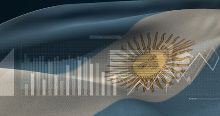Argentine flag waving in digital display, with bar chart, line graph, grid overlay, numeric display. National symbol, financial analytics, data visualization, corporate branding, patriotic design, business intelligence, digital interfaceの写真素材