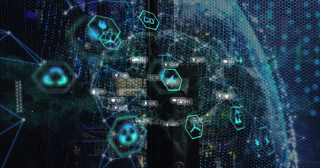 Displaying global data network tracking environmental metrics in dashboard with neon hexagon icons....