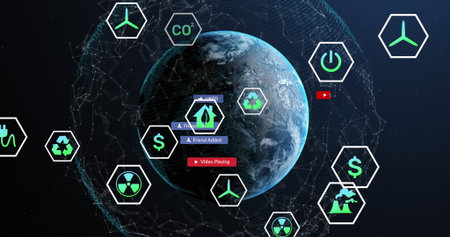 Displaying digital globe showing clouds floating in dark space, with hexagonal UI network icons....