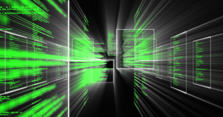 Streaming green code and floating white wireframes converging in virtual tunnel, central black void....
