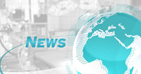 Displaying teal globe floating above studio background with NEWS text and circuit lines copy space. Geography, data visualization, digital, technology, broadcast, global, futuristicの写真素材