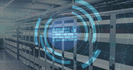Hovering digital firewall icon showing circular UI elements in data center aisle, with server racks....
