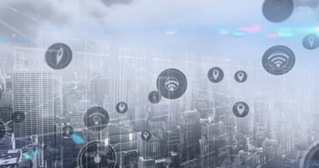 Hovering digital interface icons showing network links over foggy urban skyline, with glowing nodes. Urban, connectivity, technology, modern, high-rise, futuristic, abstractの写真素材