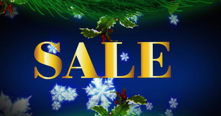Glittering golden SALE letters shining on blue gradient, framing snowflakes, holly and pine needles. Festive, holiday, promotional, luxury, seasonal, celebration, winterの写真素材