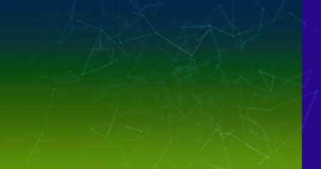 Displaying network of white lines and nodes over dark blue-yellow gradient, featuring purple stripe....
