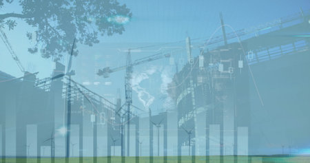 Erecting tower cranes lifting building frame on plain, with wind turbines, chart and map overlays. Construction, infrastructure, industrial, renewable, technology, development, dataの写真素材
