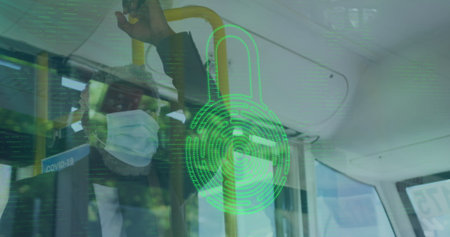 Standing commuter in suit and mask holding handrail on bus, with padlock overlay and COVID-19 sign....