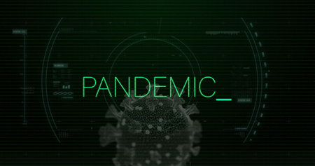 Displaying neon-green PANDEMIC_ text centered on green interface, with 3D virus model and HUD lines. Technology, cybersecurity, digital, futuristic, data visualization, innovation, scienceの写真素材