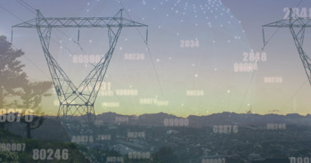 Standing lattice power pylon overlooking valley hill at dusk, with floating numerical data overlay....
