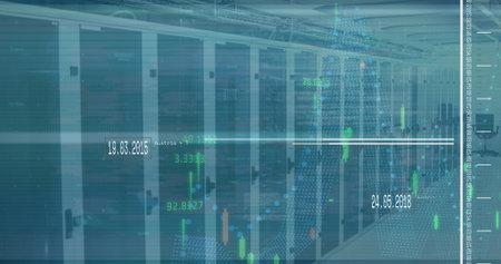 Displaying central server cabinets and cable trays in data center corridor, with data overlays....