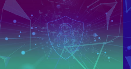 Displaying shield outline showing padlock icon in security graphic, with nodes lines and fragments....