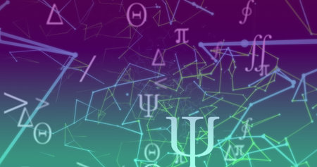Drifting Greek letter Psi in digital interface, with Pi Theta symbols and glowing network nodes. Abstract, digital, futuristic, geometric, technological, network, visualizationの写真素材