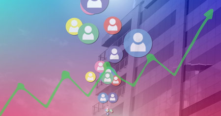 Floating multicolored user-profile icons across office facade in city, with green growth graph. Technology, digital, innovation, business, analytics, urban, modernの写真素材
