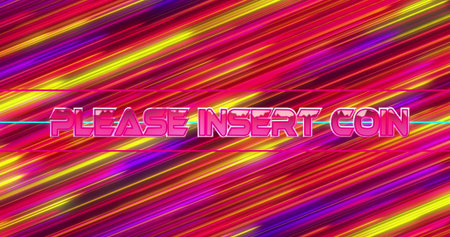 Displaying retro arcade-style text reading PLEASE INSERT COIN on neon backdrop, with cyan highlight....