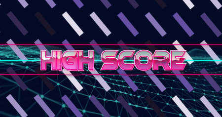 Displaying stylized text HIGH SCORE glowing over neon grid in retro space, with diagonal color bars. Cyberpunk, futuristic, digital, vibrant, technology, abstract, gamingの写真素材