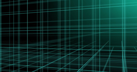 Displaying teal 3D grid network receding into digital gridscape, showing illuminated planes....