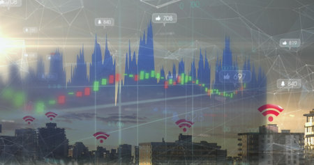 Data overlay spanning urban skyline at dusk, with stock charts, network signals, thumbs-up icons....