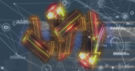 Floating prismatic bars emitting glowing edges above network nodes, showing wireframe overlays. Futuristic, technology, innovation, digital, abstract, data, connectivityの写真素材