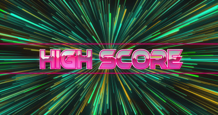 Bursting 3D pink HIGH SCORE text radiating neon light streaks through gaming tunnel. Vibrant, futuristic, dynamic, digital, energetic, immersive, colorfulの写真素材