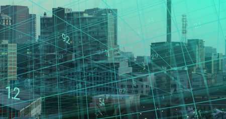 Displaying urban skyline under turquoise data grid overlay in downtown, with numeric values....