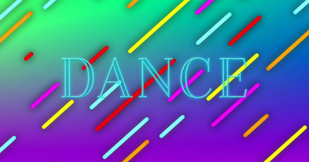 Glowing neon text 'DANCE' spanning vibrant gradient design panel, with multicolored diagonal bars. Neon, abstract, vibrant, geometric, digital art, nightlife, energeticの写真素材