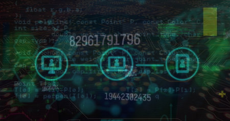 Displaying network connection linking device icons in circuitry, with code snippets, numeric data. Cybersecurity, digital, modern, technology, network, data, futuristicの写真素材