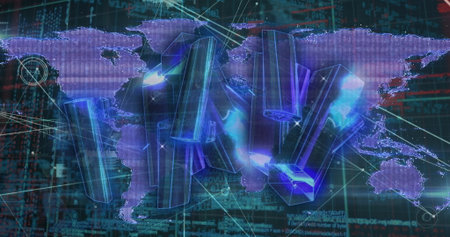 Glowing digital world map grid showing analytics on dashboard, with translucent 3D bars, neon nodes....
