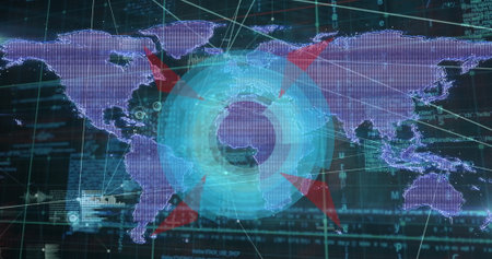 Displaying blue radar overlay scanning world map in interface, with red pointers and network lines....