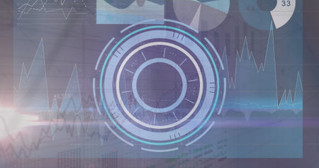 Displaying central concentric HUD graphic over virtual interface, with line charts and lens flare....