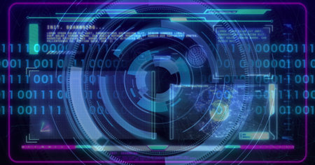 Scrolling concentric ring interface over futuristic panel, with binary digits and neon frame....