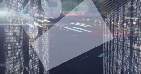 Moving clear trapezoid floating on grid plane in network space with binary panels and light trails. Futuristic, technology, digital, abstract, network, data, innovationの写真素材