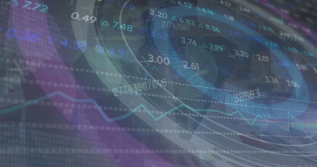 Displaying data analytics on dashboard, with rings, numeric overlays, arrows, chart traces, grid....