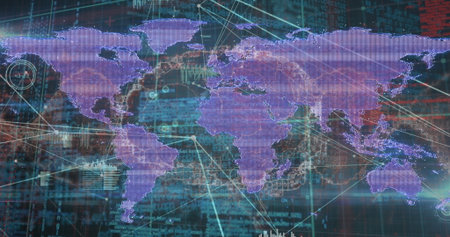 Displaying world map linking continents on digital interface, with code streams, charts and nodes. Technology, connectivity, interface, futurism, data visualization, cyber, innovationの写真素材