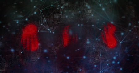 Floating red hand shapes hovering above dotted mesh in digital scene, with glowing blue nodes....