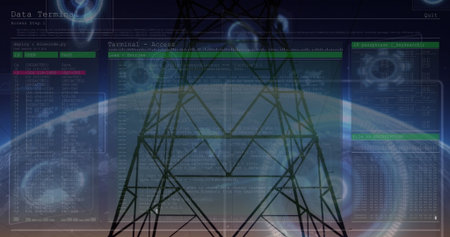 Standing transmission tower silhouette over Earth horizon at dusk, with code terminals, HUD circles....