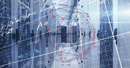 Floating wireframe polyhedron projecting equations in data center with server racks, LED lights. Technology, innovation, futurism, digital, corporate, networking, securityの写真素材