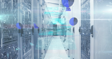 Streaming digital overlays marking central aisle in data center, with server racks and LED lights....
