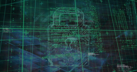 Displaying stylized digital padlock hovering on dark grid, with circuit pattern and binary code....