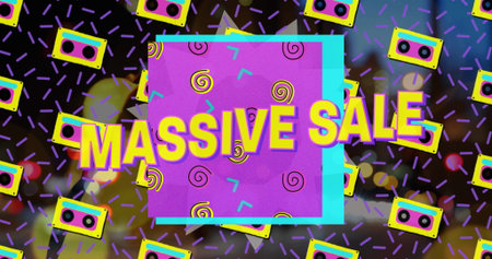 Showing neon-framed purple square displaying MASSIVE SALE in 80s ad, with cassette tapes, sprinkles....