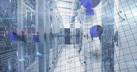 Central server corridor stretching at data center, featuring blade servers, switches and overlays....