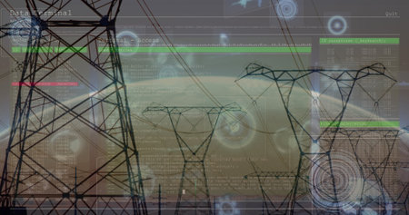 Extending lattice towers with power lines across corridor at dusk with data panels and HUD graphics....