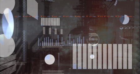 Displaying HUD-style dashboard showing data graphs in industrial backdrop, with bar and pie charts. Futuristic, technological, data visualization, industrial, interface, innovation, digitalの写真素材
