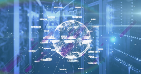 Projecting holographic network globe over server racks, cables in corridor, showing floating labels....